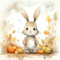 Adorable Autumn Baby Rabbit Surrounded by Mini Characters and Pumpkin Harvest AI Generated photo