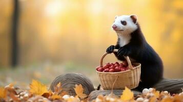 Cute Ferret Harvesting Sweet Potatoes in Calm Autumn AI Generated photo