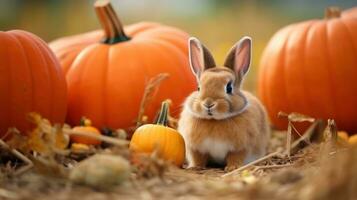 adorable Conejo en otoño cosecha calabaza parche ai generado foto