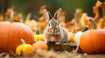 adorable Conejo en un otoño cosecha calabaza parche ai generado foto