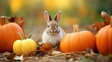 adorable Conejo en un otoño cosecha calabaza parche ai generado foto