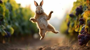 Rabbit Jumping for Muscats A Playful Autumn Harvest Scene AI Generated photo