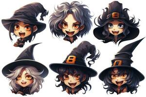 Spooky Halloween Stickers of Cackling Witches on White Background AI Generated photo