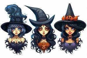 Spooky Halloween Stickers of Cackling Witches on White Background AI Generated photo