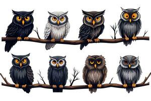 Eerie Owl Halloween Stickers on White Background AI Generated photo