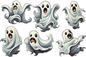 Spooky Halloween Stickers with Ghoulish Ghosts on White Background AI Generated photo