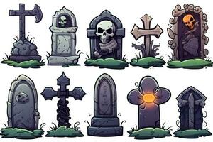 Spooky Halloween Stickers with Gravestones on White Background AI Generated photo