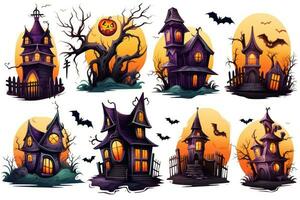 Spooky Halloween Stickers with Isolated Haunted Houses AI Generated photo