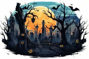 Spooky Halloween Stickers with Moonlit Graveyards AI Generated photo