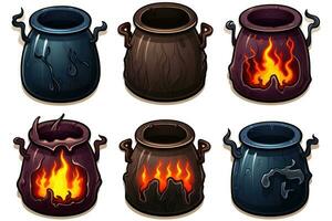 Spooky Halloween Stickers Ominous Black Cauldrons on White Background AI Generated photo