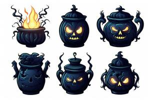 Spooky Halloween Stickers Ominous Black Cauldrons on White Background AI Generated photo