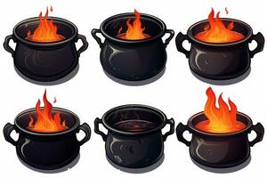 Spooky Halloween Stickers Ominous Black Cauldrons on White Background AI Generated photo