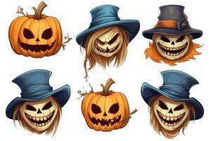 Spooky Halloween Stickers Scarecrow Faces Isolated on White Background AI Generated photo