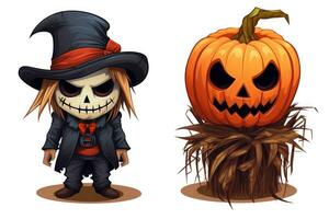 Spooky Halloween Stickers with Scarecrows on White Background AI Generated photo