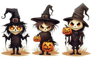 Spooky Halloween Stickers with Scarecrows on White Background AI Generated photo