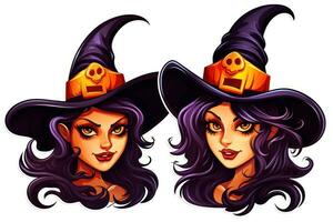 Spooky Halloween Stickers with Wicked Witches on White Background AI Generated photo