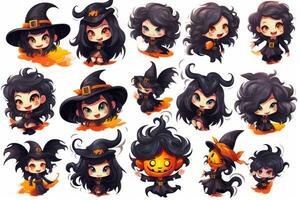 Spooky Halloween Stickers with Wicked Witches on White Background AI Generated photo