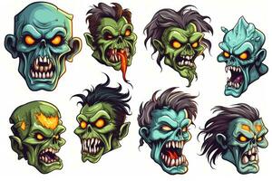 Spooky Halloween Stickers with Wicked Zombies on White Background AI Generated photo