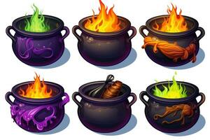Spooky Halloween Stickers with Witch Cauldrons on White Background AI Generated photo
