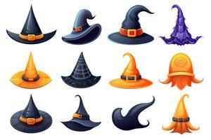 Spooky Halloween Stickers with Witches Hats on White Background AI Generated photo