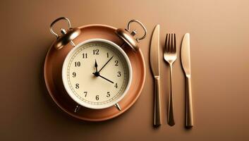 Empty plate with a clock fork and knife AI Generated photo