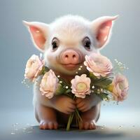 Adorable Baby Pig with Daisy and Teddy Clipart on White Background AI Generated photo