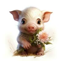 Adorable Baby Pig with Daisy and Teddy Clipart on White Background AI Generated photo