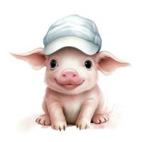 Adorable Baby Pig Watercolor Clipart with Cap on White Background AI Generated photo