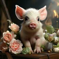 Cute Baby Pig with Minimalist Flowers  Disney Style Clipart AI Generated photo