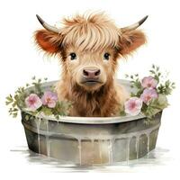 Cute and Happy Watercolor Baby Highland Cow with Minimalist Flower Wreath AI Generated photo