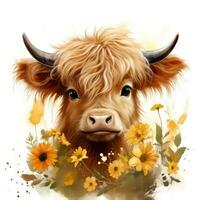 Cute and Happy Watercolor Baby Highland Cow with Autumn Flower Wreath AI Generated photo