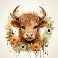 Cute and Happy Watercolor Baby Highland Cow with Autumn Flower Wreath AI Generated photo