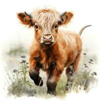 Adorable Baby Highland Cow Running Through Field  Watercolor Clipart AI Generated photo