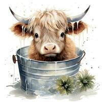 Adorable Baby Highland Cow Sitting in a Metal Bathtub with Balloons Watercolor Clipart AI Generated photo