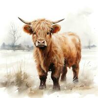 Adorable Baby Highland Cow in a Snowy Field  Watercolor Clipart AI Generated photo