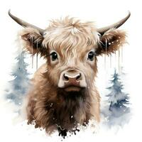 Adorable Baby Highland Cow with SnowCovered Pine Trees  Watercolor Clipart AI Generated photo