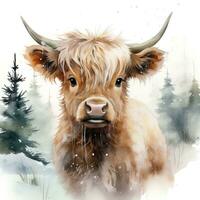 Adorable Baby Highland Cow with SnowCovered Pine Trees  Watercolor Clipart AI Generated photo