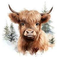 Adorable Baby Highland Cow with SnowCovered Pine Trees  Watercolor Clipart AI Generated photo