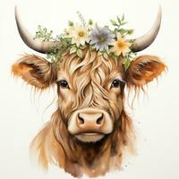 linda tierras altas vaca con flor corona acuarela clipart ai generado foto