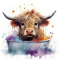 Adorable Highland Cow Relaxing in a Colorful Bubble Bath AI Generated photo