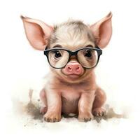 Adorable Baby Pig Watercolor Clipart with Curly Tail and Glasses on White Background AI Generated photo