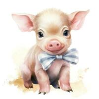 Adorable Baby Pig Watercolor Clipart with Curly Tail and Cute Vest AI Generated photo