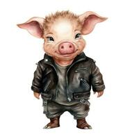 Adorable Pig Watercolor Clipart with Curly Tail and Leather Jacket AI Generated photo