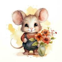 adorable ratón con flor acuarela clipart ai generado foto