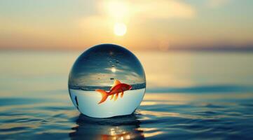 Playful Goldfish Leaping from Glass into Water AI Generated photo