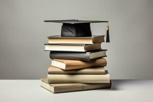 Stacked Graduation Cap and Books on White Background AI Generated photo