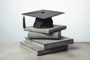 Stacked Graduation Cap and Books on White Background AI Generated photo