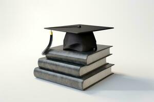 Stacked Graduation Cap and Books on White Background AI Generated photo