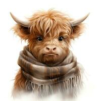 Adorable Baby Highland Cow with Scarf Clipart on White Background AI Generated photo