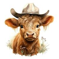 Adorable Baby Cow in a Cowboy Hat Standing in a Field AI Generated photo